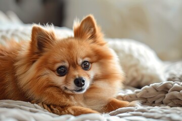 Adorable pomeranian dog lying on soft dog bed in home interior