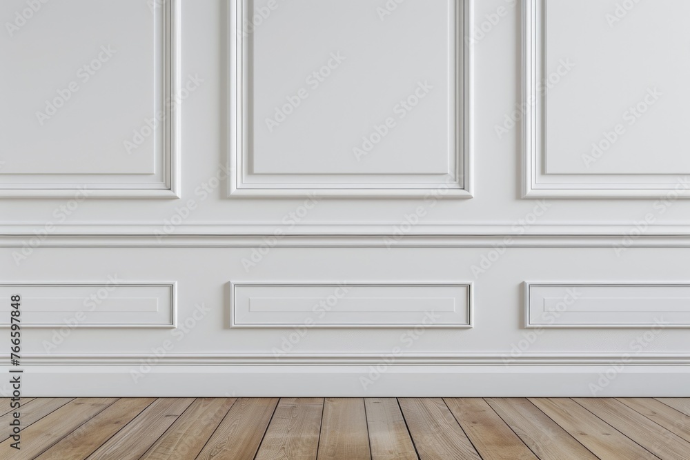 Poster a simple image of an empty room with wooden floor and white walls. suitable for interior design conc