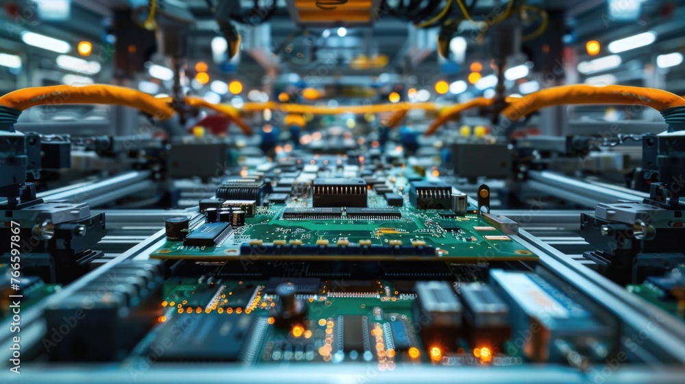 Poster close up of a computer motherboard on a conveyor belt. perfect for technology and manufacturing conc