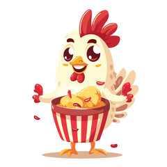 A CUTE CHICKEN IS BRINGING A BUCKET OF FRIED CHICKE