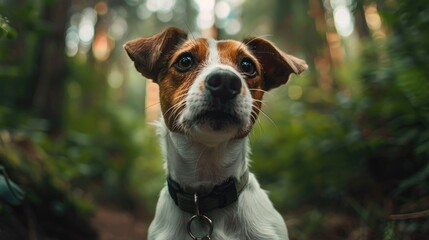 A brown and white dog standing in a forest. Suitable for pet care or outdoor activities concept