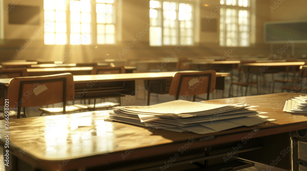 Poster stacks of papers rest on the polished surface of a desk in a sunlit, serene classroom.