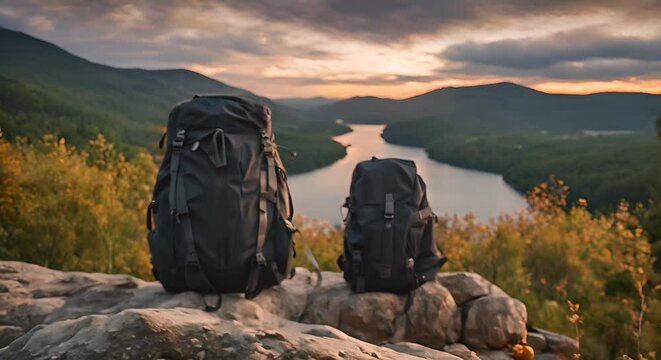 Hiker backpacks in the mountains.