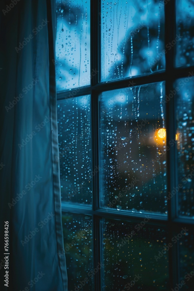 Poster raindrops on a window, suitable for weather and nature themes