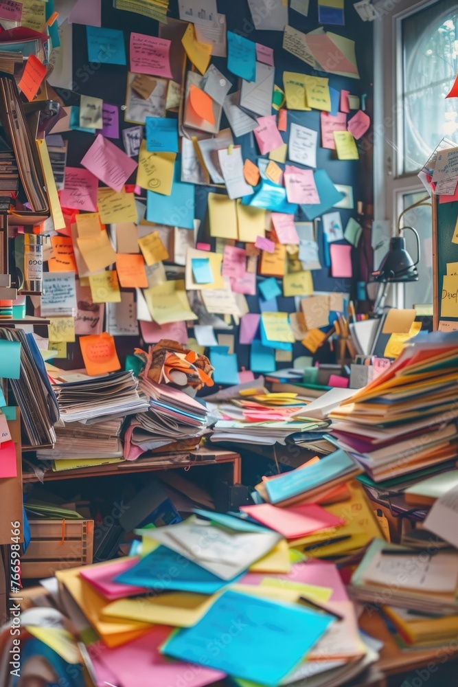 Poster Cluttered desk covered in colorful post-it notes, perfect for office or organization concepts