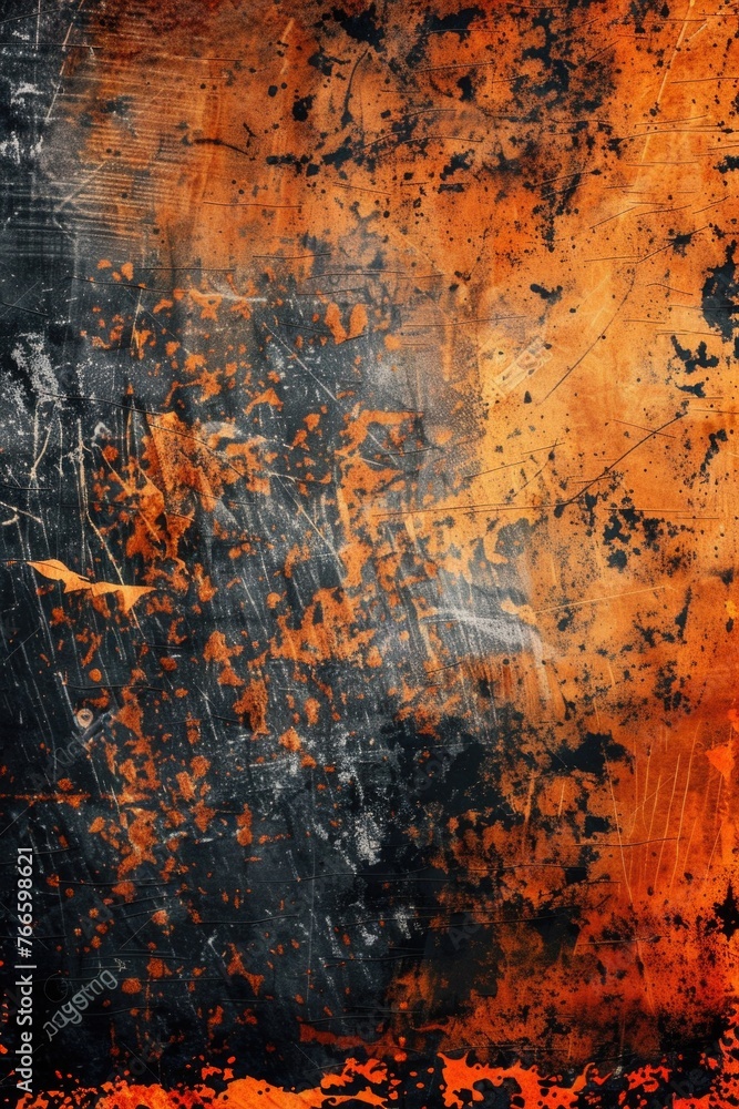 Poster A grungy orange and black background with rust. Suitable for industrial or abstract design projects