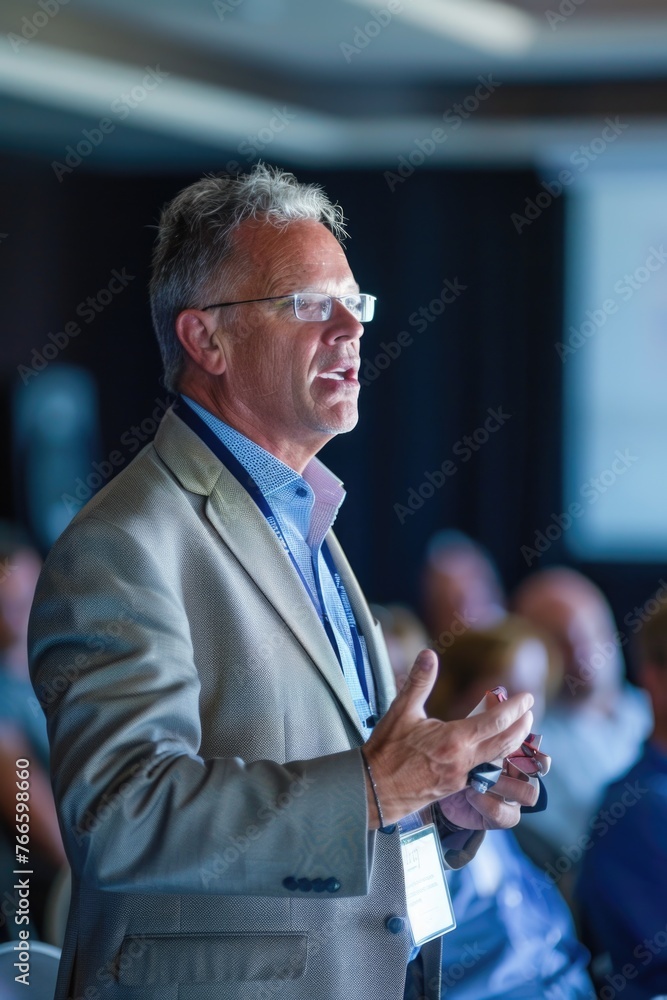 Poster a man standing in front of a crowd. ideal for business and leadership concepts