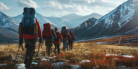 A group of people with backpacks walking through a field. Suitable for outdoor and adventure themes - obrazy, fototapety, plakaty