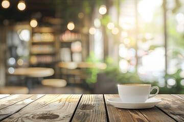Cup of coffee on table on blurred cafe background with sunlights and outdoors - obrazy, fototapety, plakaty