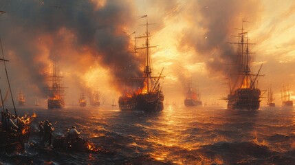 A dramatic naval battle scene with fiery explosions and warships engulfed in smoke on tumultuous ocean waters under an orange sky