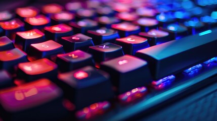 Close up of a computer keyboard with red and blue keys. Suitable for technology concepts