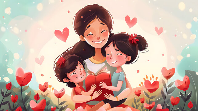 mother day cartoon image with cute kids and mom,