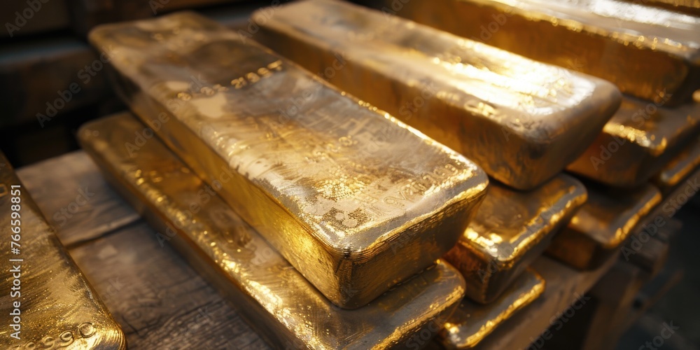 Poster a pile of gold bars stacked on top of each other. ideal for financial concepts