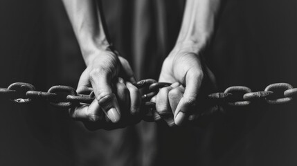 A person holding a chain in their hands. Suitable for concepts related to strength and restraint - obrazy, fototapety, plakaty