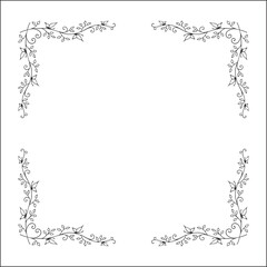 Elegant black and white vegetal ornamental frame with butterflies, decorative border, corners for greeting cards, banners, business cards, invitations, menus. Isolated vector illustration.	
