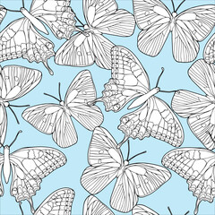 Butterflies ink line vector seamless pattern set background for textile, fabric, wallpaper, scrapbook. Insects with wings drawing for surface design