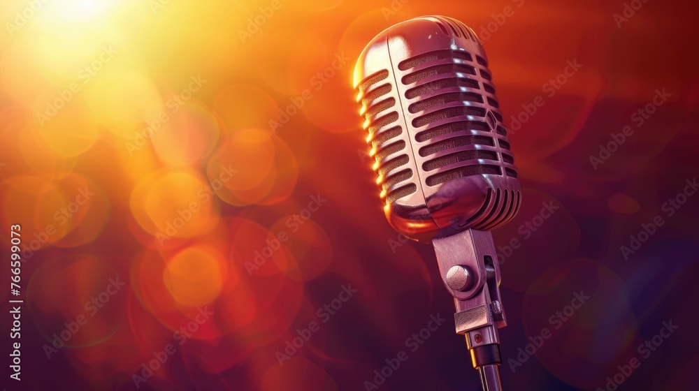 Poster Close up of a microphone on a stage, suitable for music and performance themes