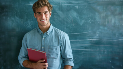 A smiling young man holds a red notebook against a chalkboard background.