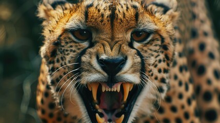 Close-up of a cheetah showing its teeth, suitable for wildlife projects - obrazy, fototapety, plakaty