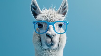 Fototapeta premium A white llama wearing blue glasses on a blue background. Ideal for animal lovers and quirky designs