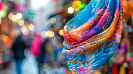 Colorful silk scarf blowing in the market breeze