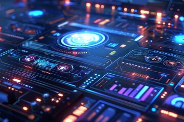 Futuristic Holographic User Interface with Glowing Elements, Sci-Fi Technology Concept 3D Illustration - obrazy, fototapety, plakaty