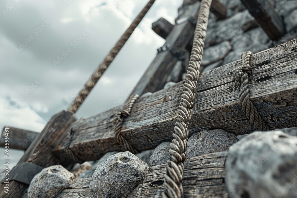 Poster detailed view of wooden structure with ropes, suitable for architectural or industrial concepts