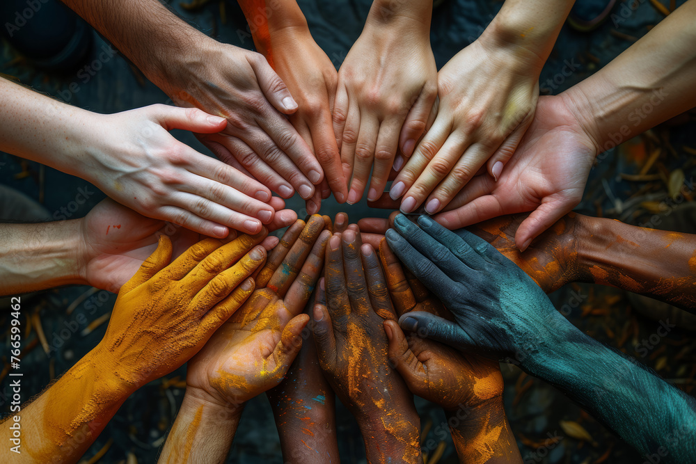 Poster diverse hands joined together, forming a circle of unity and understanding. concept of inclusive col