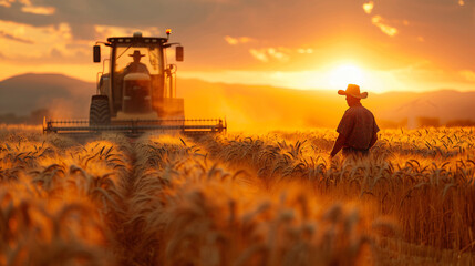 Farmer with tractor harvesting wheat at sunset. Agriculture and modern farming concept....