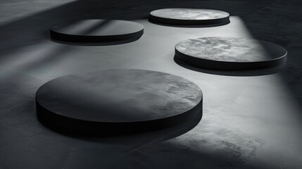 A black and white photo of four round tables. Suitable for interior design concepts