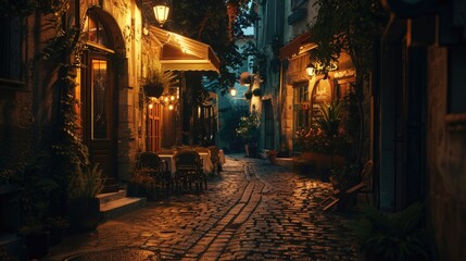 A charming cobblestone street with outdoor seating, perfect for a cozy evening scene
