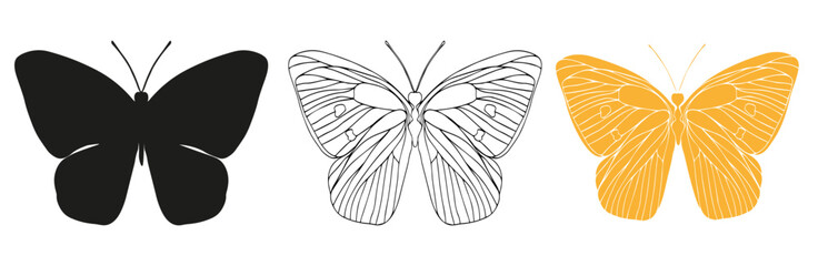 Butterfly black ink line art, silhouette illustrations. Insect set for coloring page, tattoo silhouette, hand drawn stickers, coloring page. Vector illustration, isolate on white background.