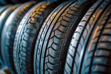 New tires on storage rack in car workshop