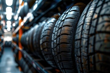 New tires on storage rack in car workshop