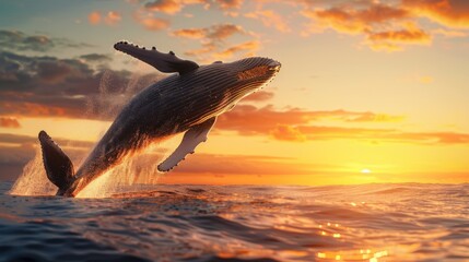 A humpback whale breaching out of the water at sunset. Ideal for nature and wildlife concepts