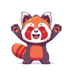 A CUTE RED PANDA IS SMILING AND RAISING UP HIS HAND