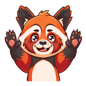 A CUTE RED PANDA IS SMILING AND RAISING UP HIS HAND