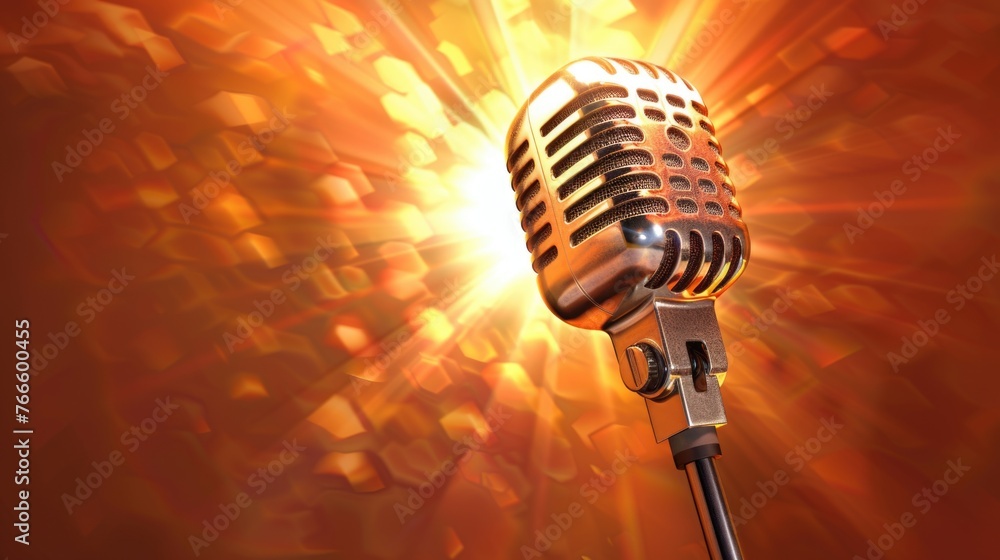 Poster classic microphone with vibrant backdrop. ideal for music or performance concepts