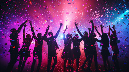 Fototapeta na wymiar Silhouetted figures dance and celebrate under vibrant lights and falling confetti at a lively party.
