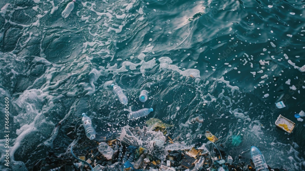 Poster debris floating on water surface, suitable for environmental concepts