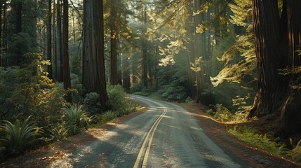 A dirt road surrounded by tall trees in a forest. Perfect for nature or travel concepts - Powered by Adobe