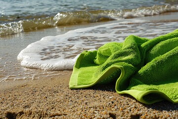 Fabric towel on beach sand near sea water - Powered by Adobe