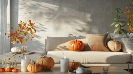 A cozy living room filled with pumpkins. Perfect for autumn-themed designs - obrazy, fototapety, plakaty