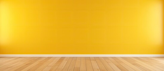 An interior space featuring a bright yellow painted wall and a floor made of wooden planks