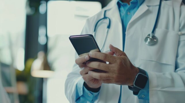 Doctor using a digital smartphone technology communication in hospital. AI generated image