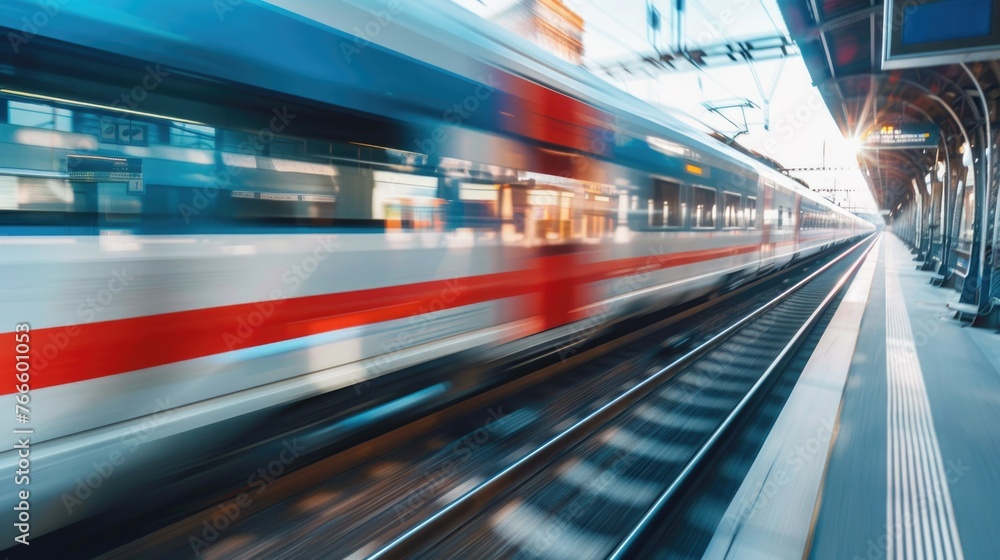 Poster blurry image of a train approaching on tracks. suitable for transportation themes