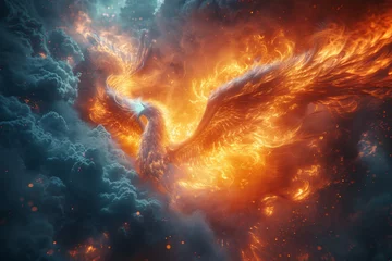 Fotobehang An ice phoenix emerging from the heart of a blazing inferno, embodying the cyclical rebirth of opposing elements. Concept of elemental reincarnation. Generative Ai. © Sebastian
