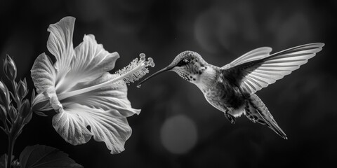 Fototapeta premium A beautiful black and white photo of a hummingbird feeding on a flower. Ideal for nature and wildlife concepts