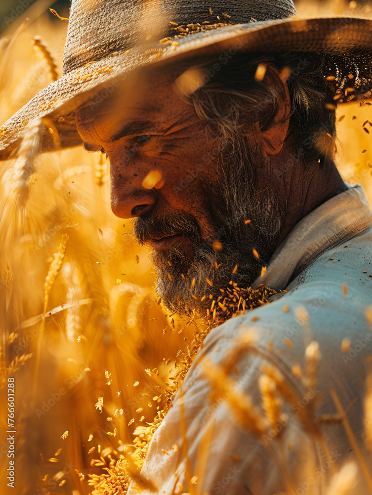 Wall mural contemplative bearded farmer in wheat field. agricultural lifestyle and thoughtful planning concept.