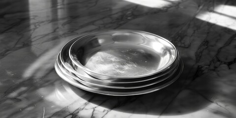 Elegant silver plates on a sleek marble table, perfect for luxury dining concepts - obrazy, fototapety, plakaty